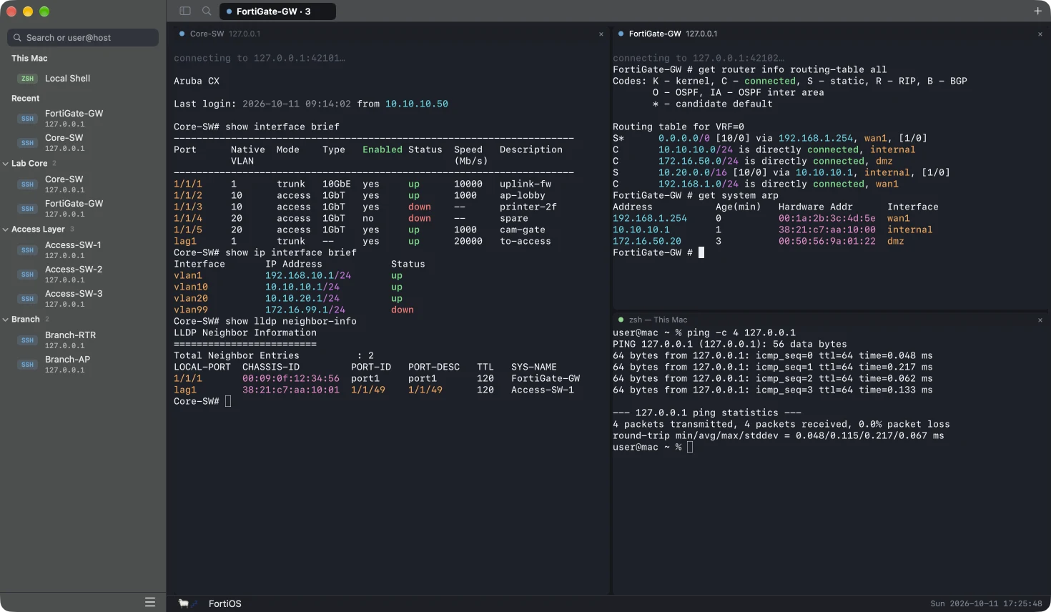 SheepTerm on macOS with three panes in one tab: an Aruba CX switch, a FortiGate and a local shell